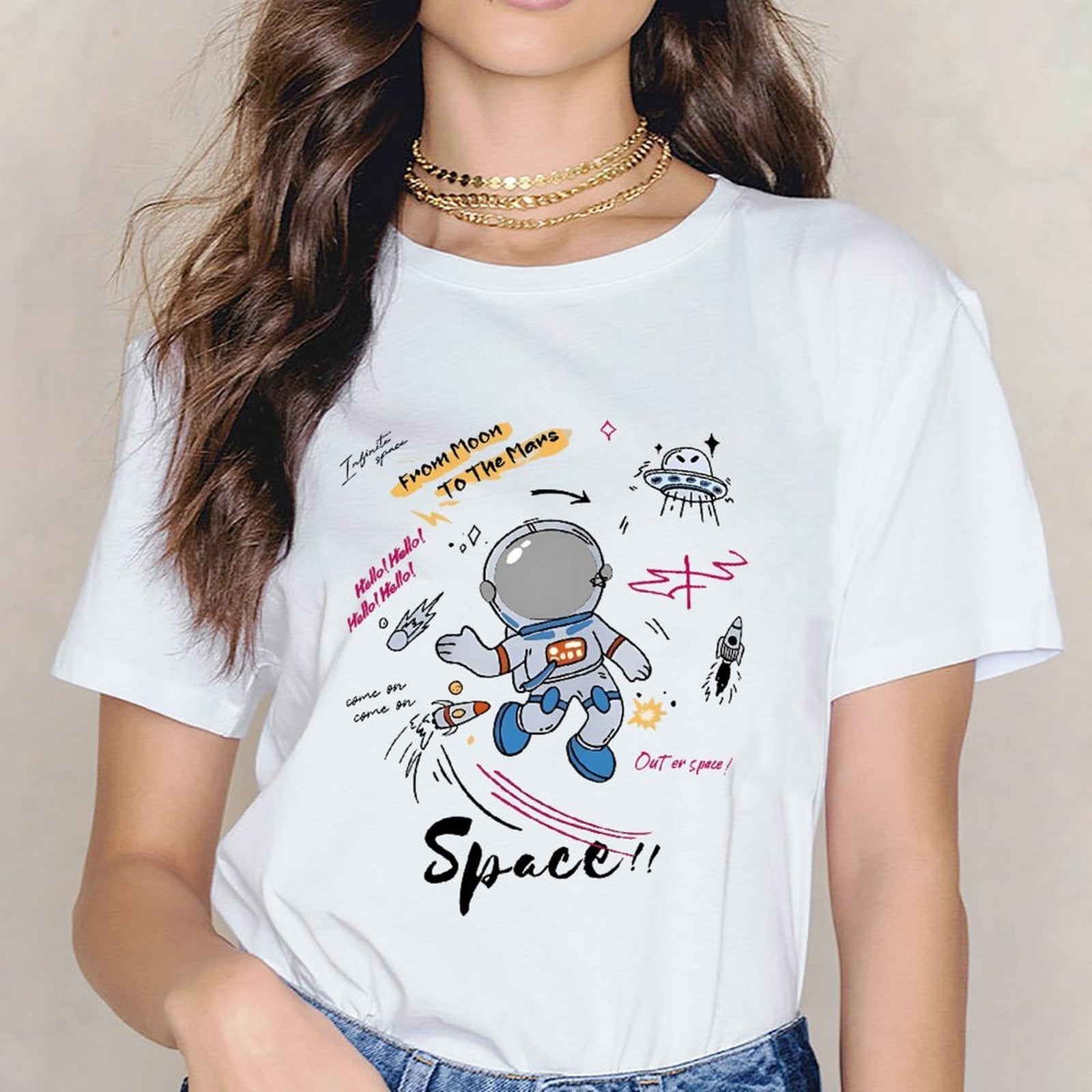 Inkmay Casual  Cotton T-shirt Space Adventure With Astronaut And Ufos Unisex T-shirtActive Print-Ready T-Shirt