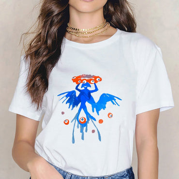 Inkmay Casual Cotton T-shirt Blue Creature With Orange Eyes Pattern Unisex T-shirtEverydayFit Natural T-Shirt