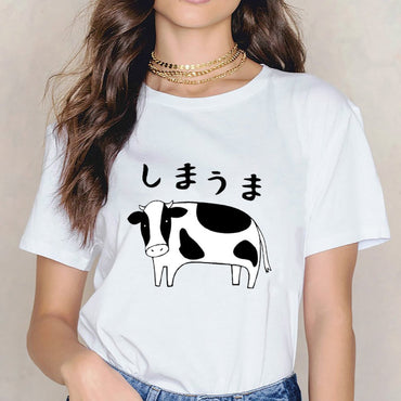 Inkmay Casual Cotton T-shirt Cow Print With Black Spots Unisex T-shirtClassic Design-Your-Own T-Shirt