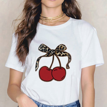 Inkmay Casual Cotton T-shirt Cherry Print With Leopard Pattern Design Unisex T-shirtYearRound Basic T-Shirt