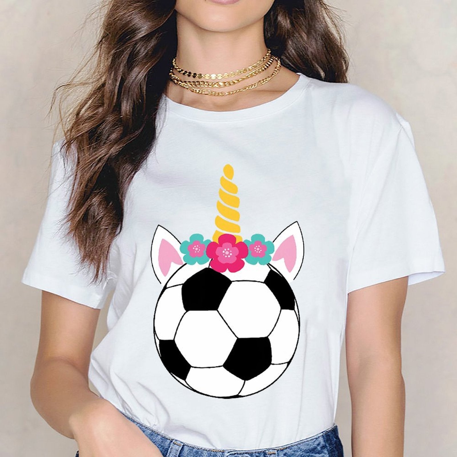 Inkmay Casual  Cotton T-shirt Soccer Ball With Unicorn Horn Flowers Unisex T-shirtDaily LooseFit T-Shirt