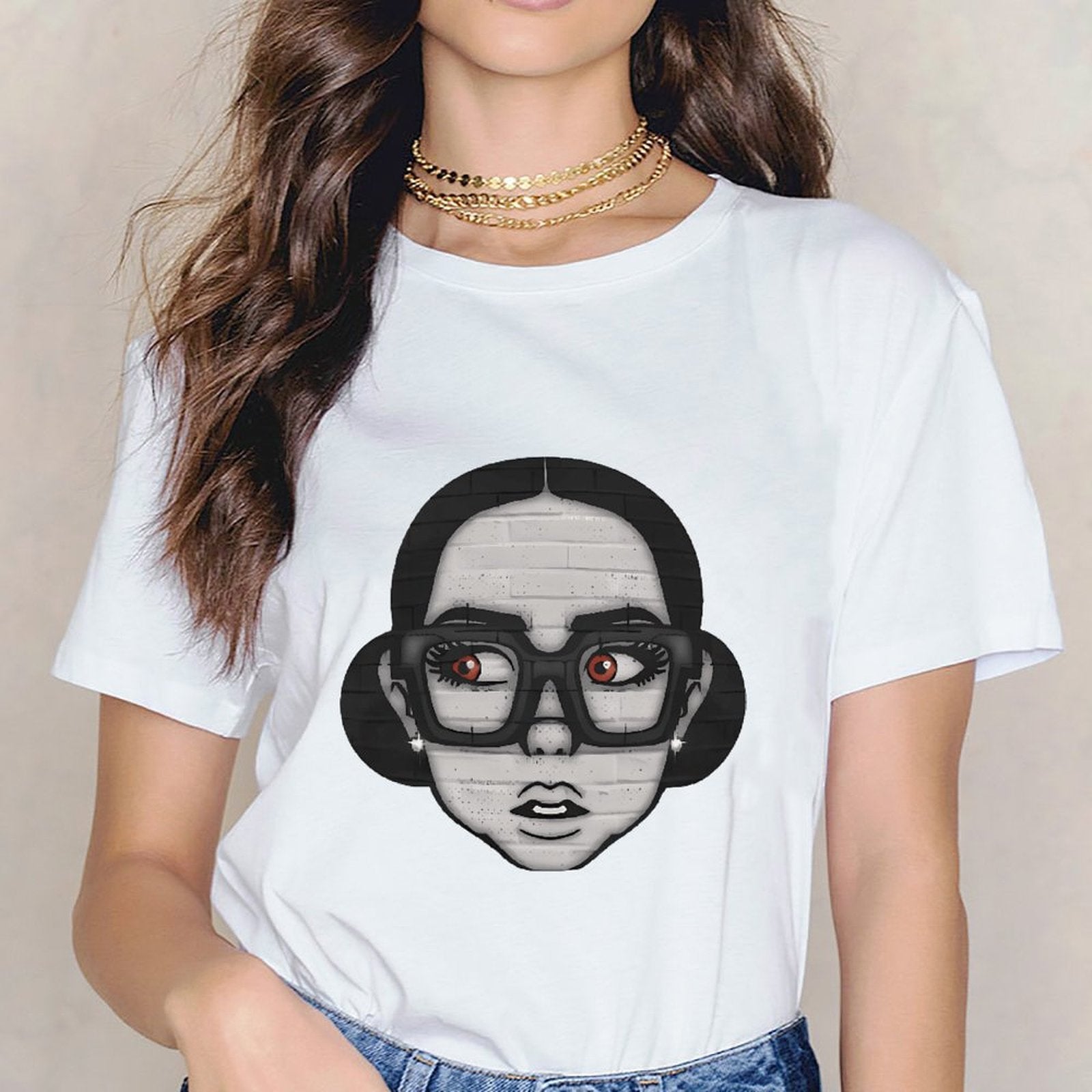 Inkmay Casual Cotton T-shirt Brick Wall Face With Glasses Art Unisex T-shirtSignature RegularFit T-Shirt