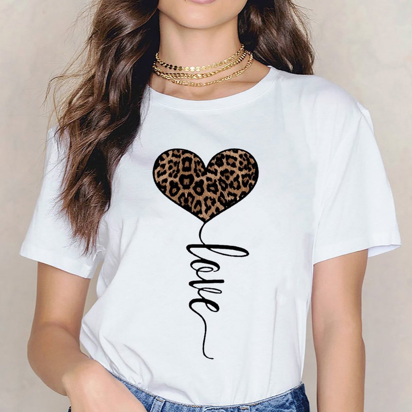 Inkmay Casual Cotton T-shirt Heart Shaped Leopard Print Love Design Unisex T-shirtSoft Double-Stitched T-Shirt