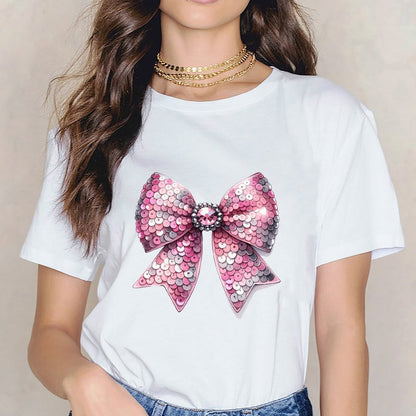 Inkmay Casual Cotton T-shirt Shiny Pink Sequin Bow Design Unisex T-shirtLogo-Ready LooseFit T-Shirt