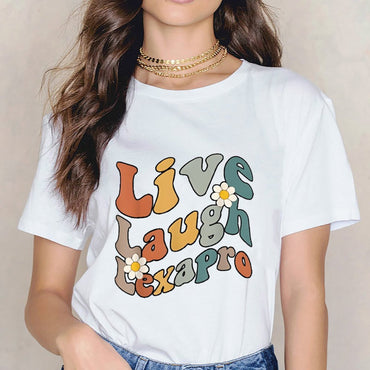 Inkmay Casual Cotton T-shirt Live Laugh Love Pattern Prints Artwork Unisex T-shirtFresh Solid T-Shirt