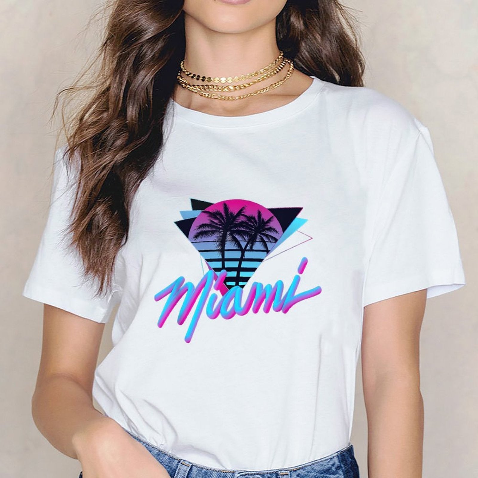 Inkmay Casual  Cotton T-shirt Miami Sunset Palm Trees Art Print Unisex T-shirtSmooth Feel TrueFit T-Shirt