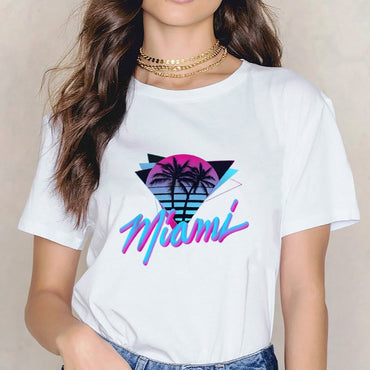 Inkmay Casual  Cotton T-shirt Miami Sunset Palm Trees Art Print Unisex T-shirtSmooth Feel TrueFit T-Shirt