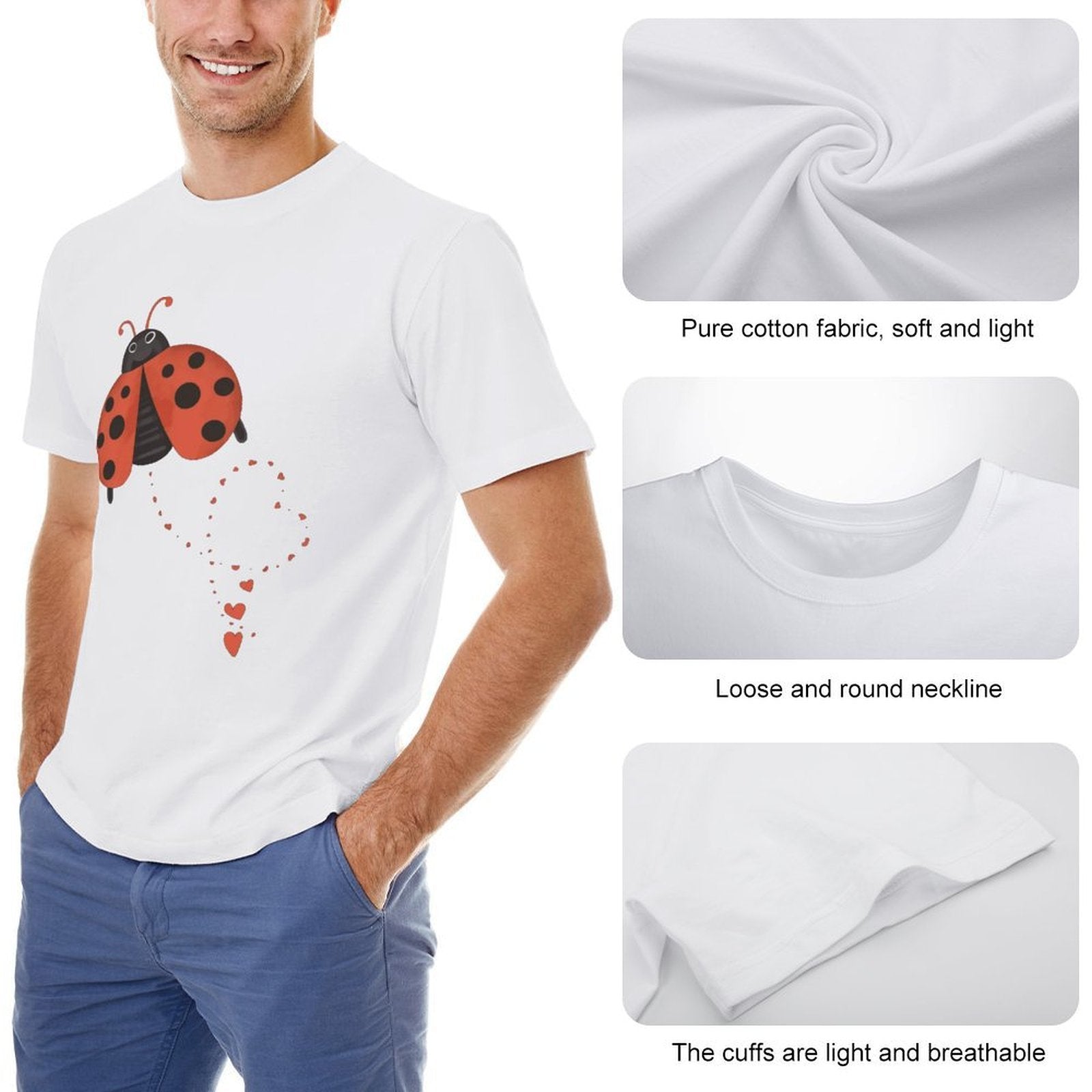 Inkmay Casual  Cotton T-shirt Ladybug Pattern With Hearts And Spots Unisex T-shirtSoftWear Recycled T-Shirt