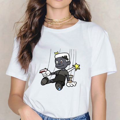 Inkmay Casual Cotton T-shirt Cartoon Puppet Holding Gun And Star Unisex T-shirt
