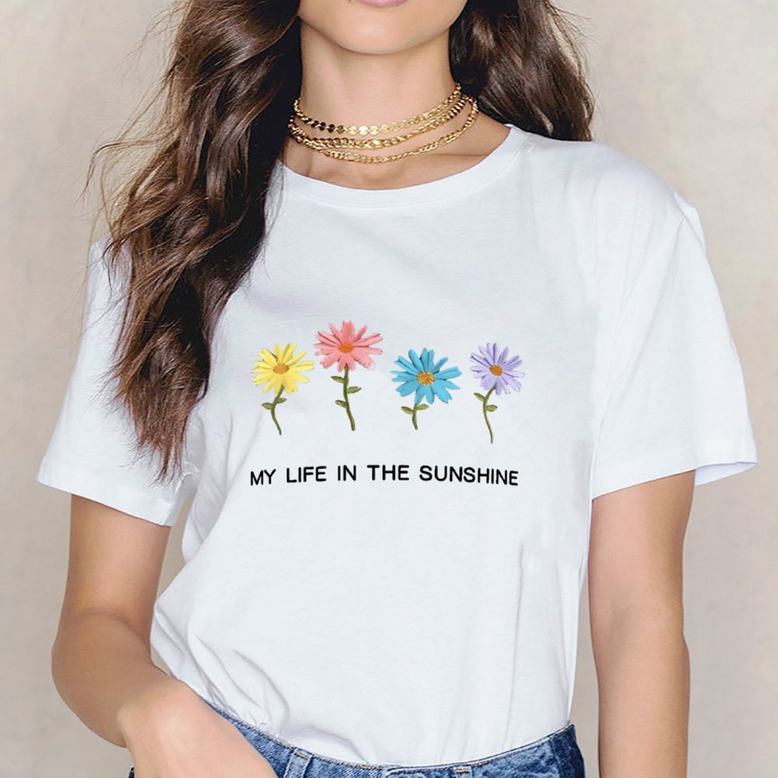 Inkmay Casual Cotton T-shirt Colorful Flowers On White Background Design Unisex T-shirtClassicSeries Tear-Resistant T-Shirt