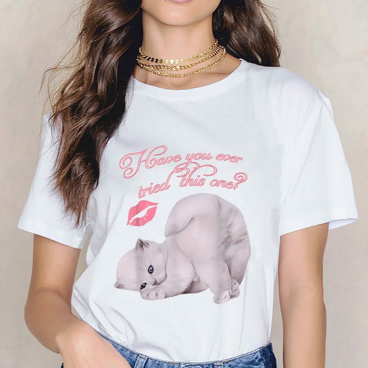 Inkmay Casual Cotton T-shirt Cute Cat With Kiss Mark Unisex T-shirtRelaxed Long Lasting T-Shirt