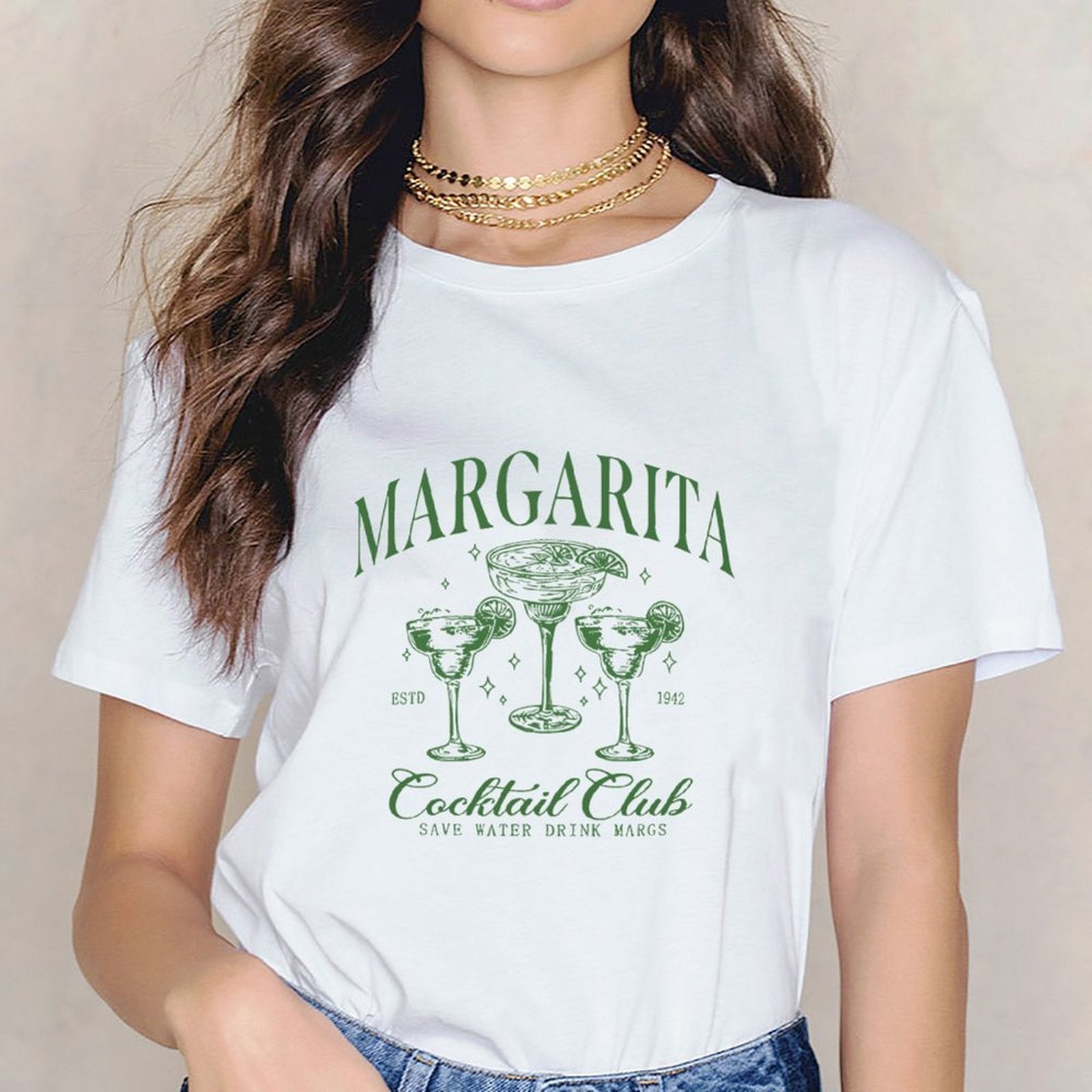 Inkmay Casual Cotton T-shirt Green Margarita Cocktail Glass Pattern Design Unisex T-shirtCrew Neck DailyFit T-Shirt