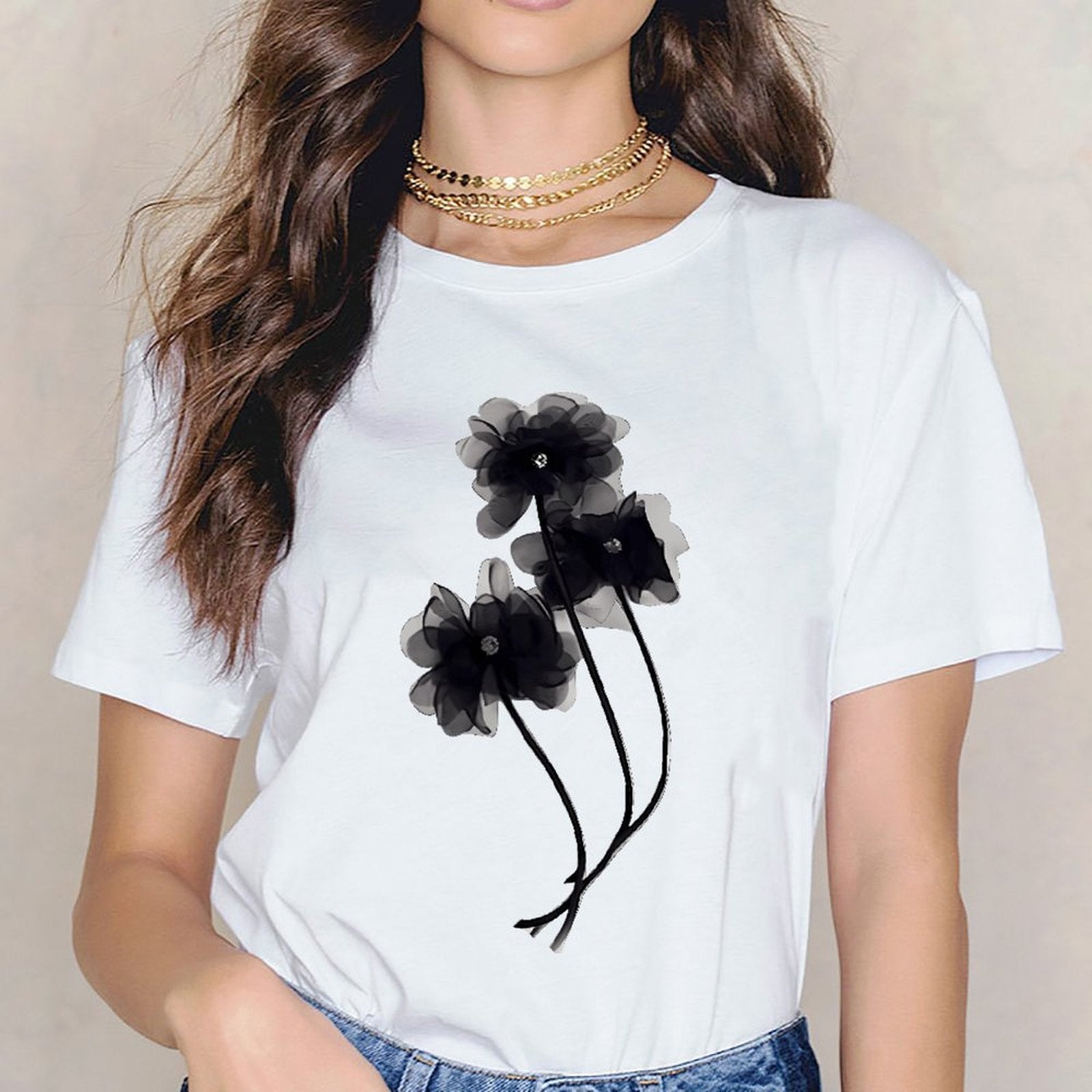 Inkmay Casual Cotton T-shirt Elegant Black And White Floral Design Unisex T-shirtRecycled Urban T-Shirt