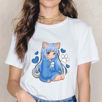 Inkmay Casual Cotton T-shirt Blue Cat Girl With Hearts Unisex T-shirtEdition EverydaySeries T-Shirt
