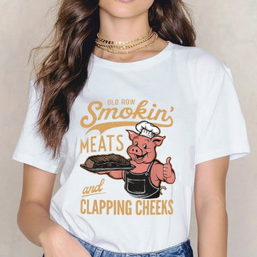 Inkmay Casual Cotton T-shirt Pig Holding Platter With Meat Dish Unisex T-shirtClean Fresh T-Shirt