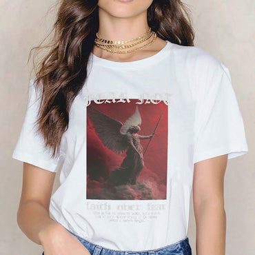 Inkmay Casual Cotton T-shirt Angel With Sword Over Clouds Unisex T-shirt