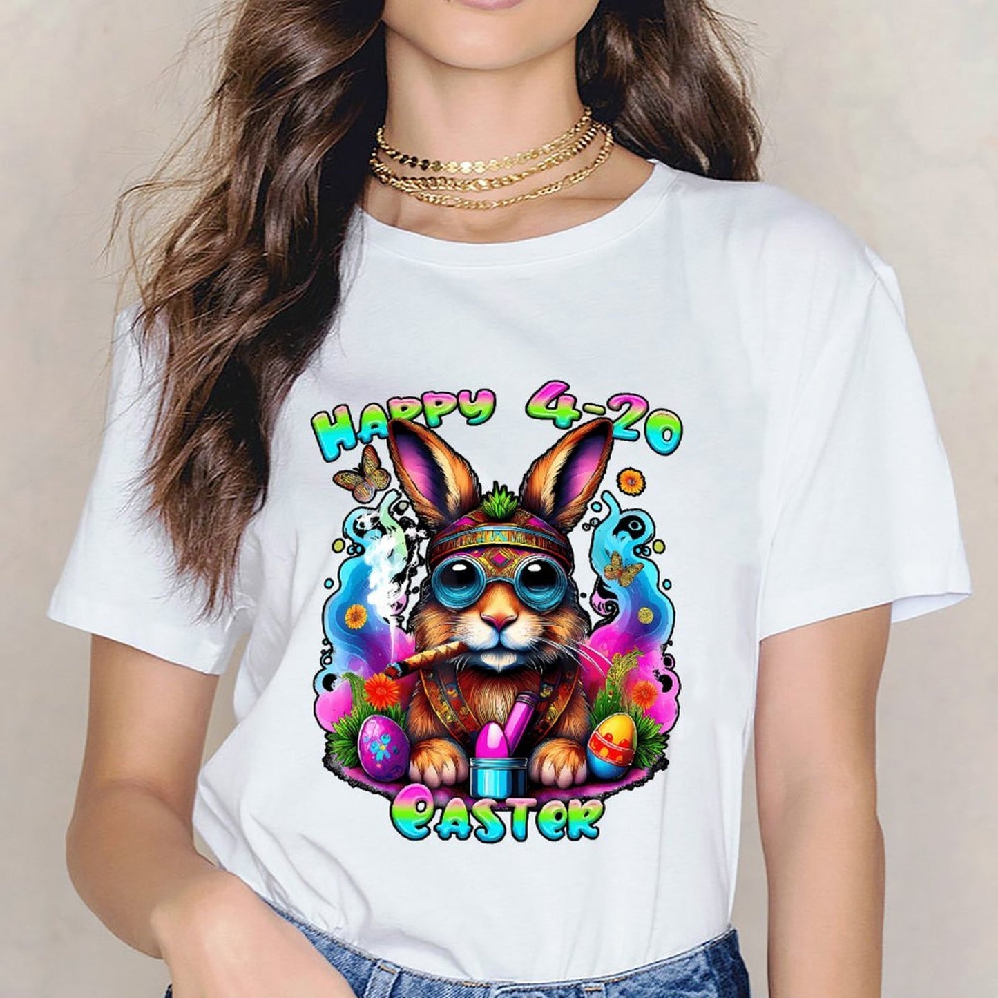 Inkmay Casual  Cotton T-shirt Happy 4 20 Easter Bunny Design Unisex T-shirtCoreLine ActiveStyle T-Shirt