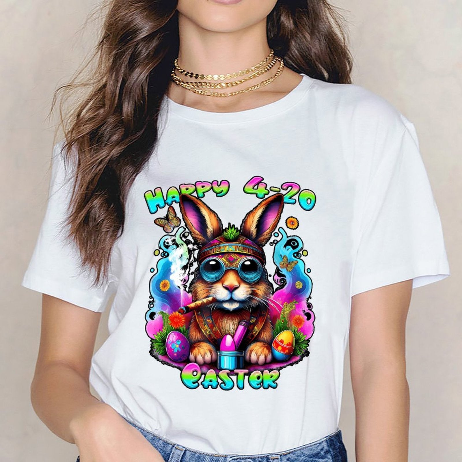 Inkmay Casual  Cotton T-shirt Happy 4 20 Easter Bunny Design Unisex T-shirtCoreLine ActiveStyle T-Shirt