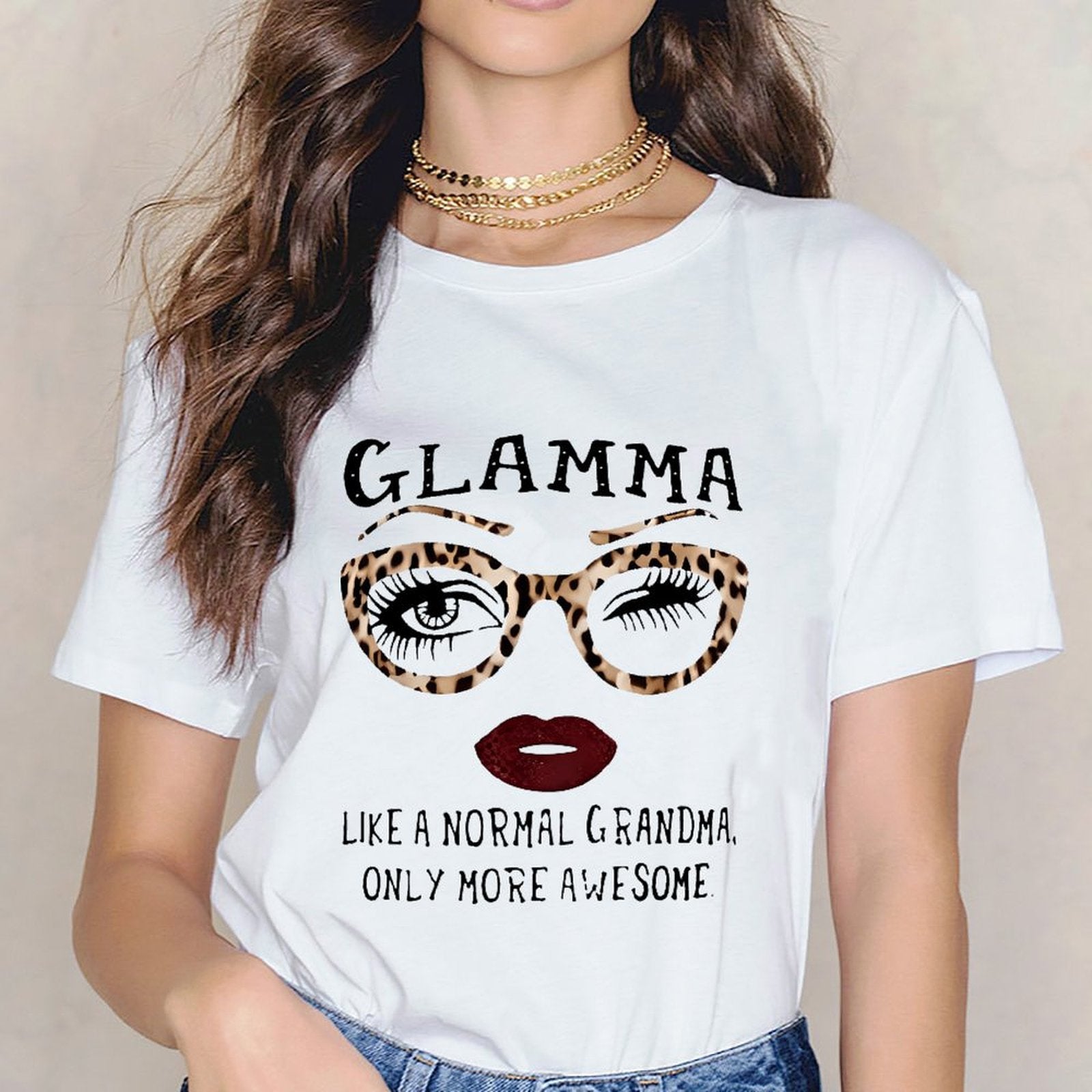 Inkmay Casual Cotton T-shirt Leopard Print Sunglasses With Eyelashes Unisex T-shirtOutdoor Logo-Ready T-Shirt