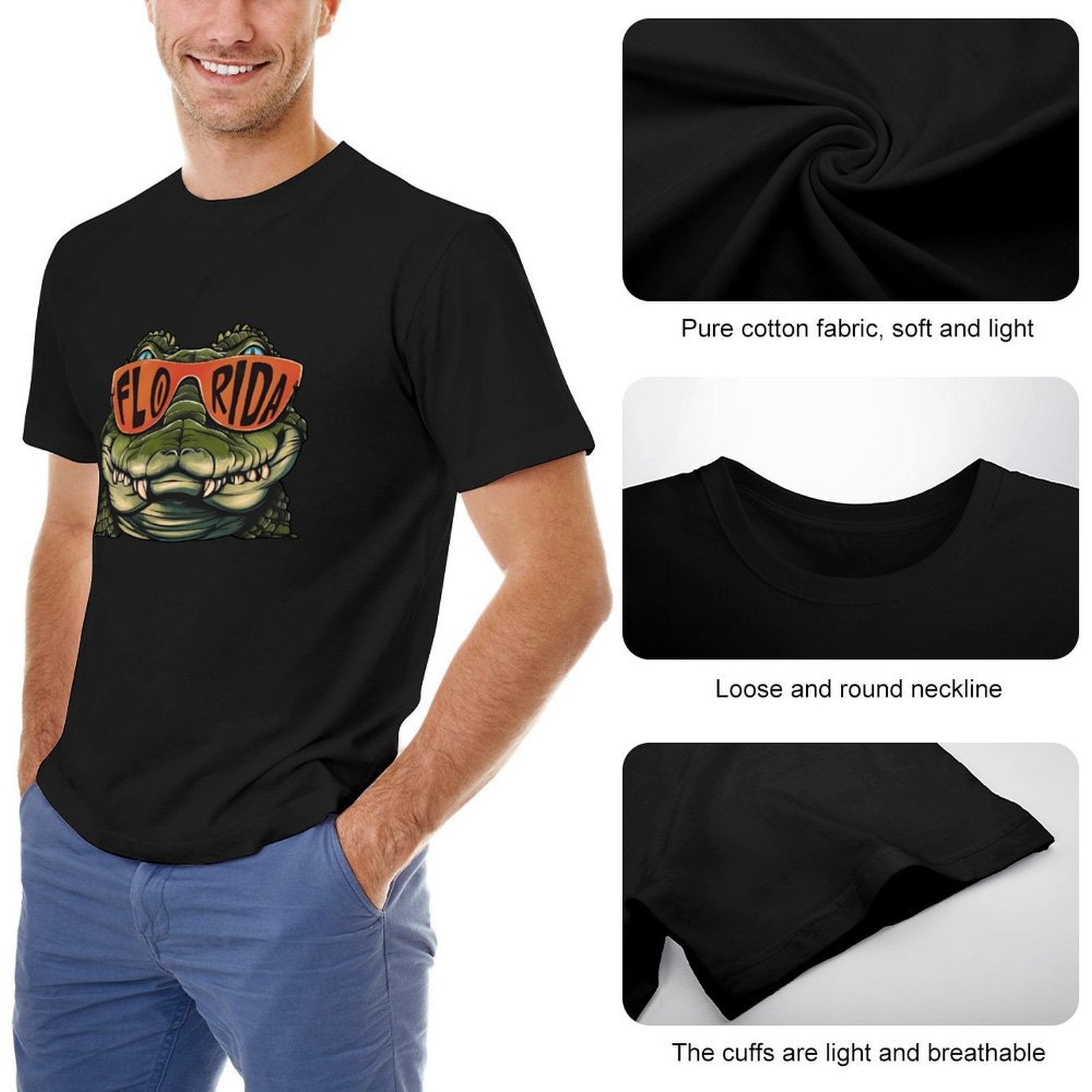 Inkmay Casual  Cotton T-shirt Alligator Wearing Sunglasses With Florida Print Unisex T-shirtClassic Fit PremiumSeries T-Shirt