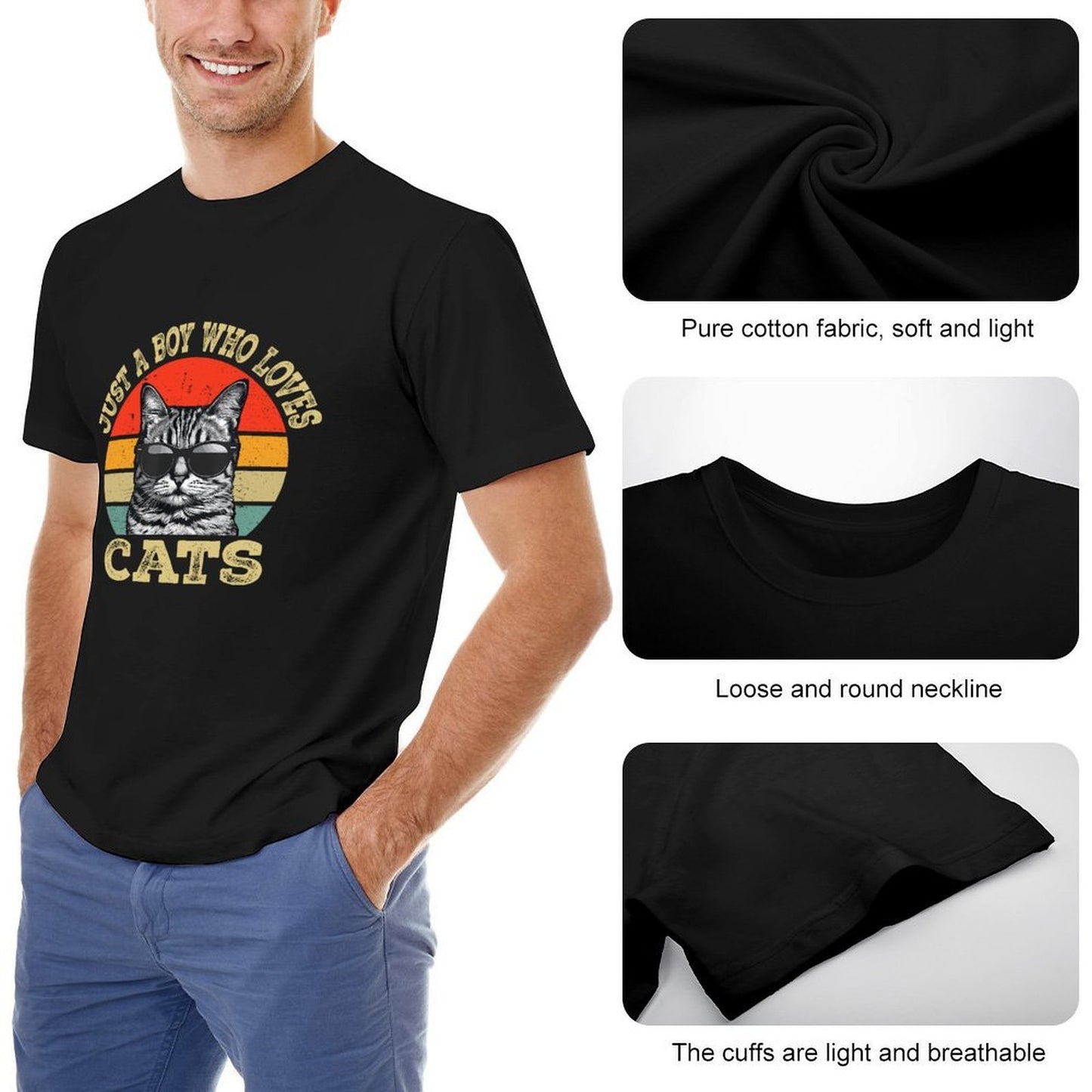Inkmay Casual  Cotton T-shirt Cool Cat Wearing Sunglasses Art Print Unisex T-shirtEssentialFit Softstyle T-Shirt