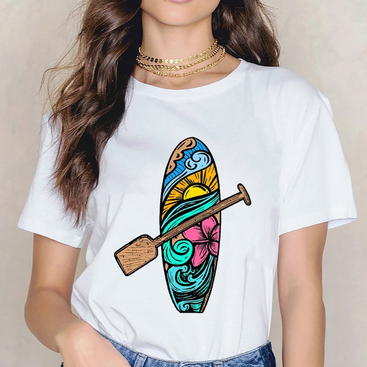 Inkmay Casual Cotton T-shirt Surfboard With Colorful Waves And Unisex T-shirtRelaxed Refined T-Shirt