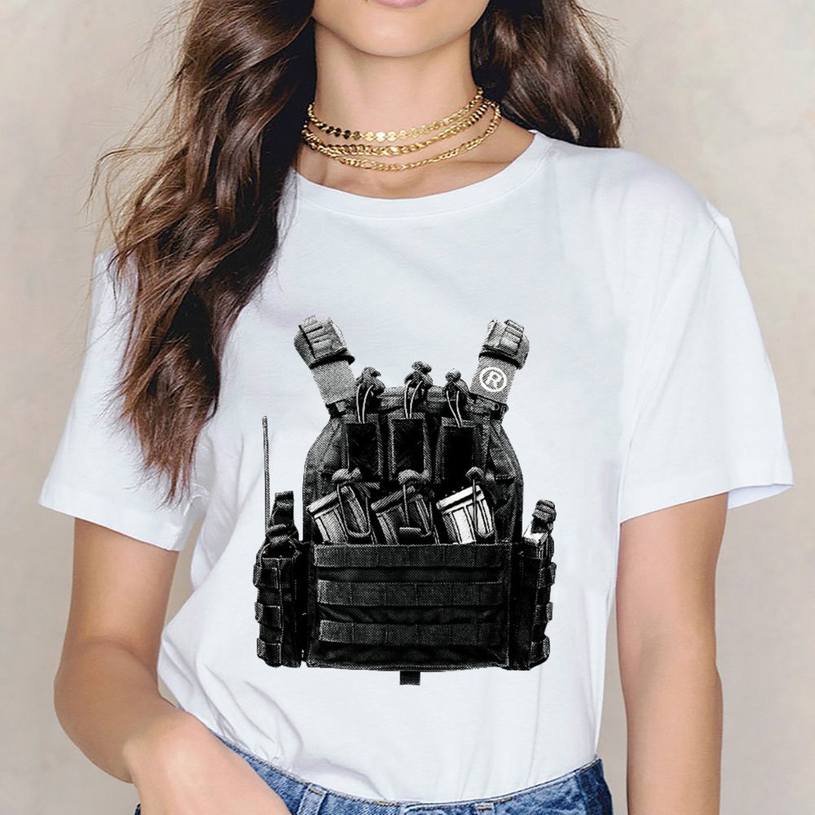 Inkmay Casual Cotton T-shirt Tactical Vest With Various Pouches Attached Unisex T-shirtSolid Sleek T-Shirt