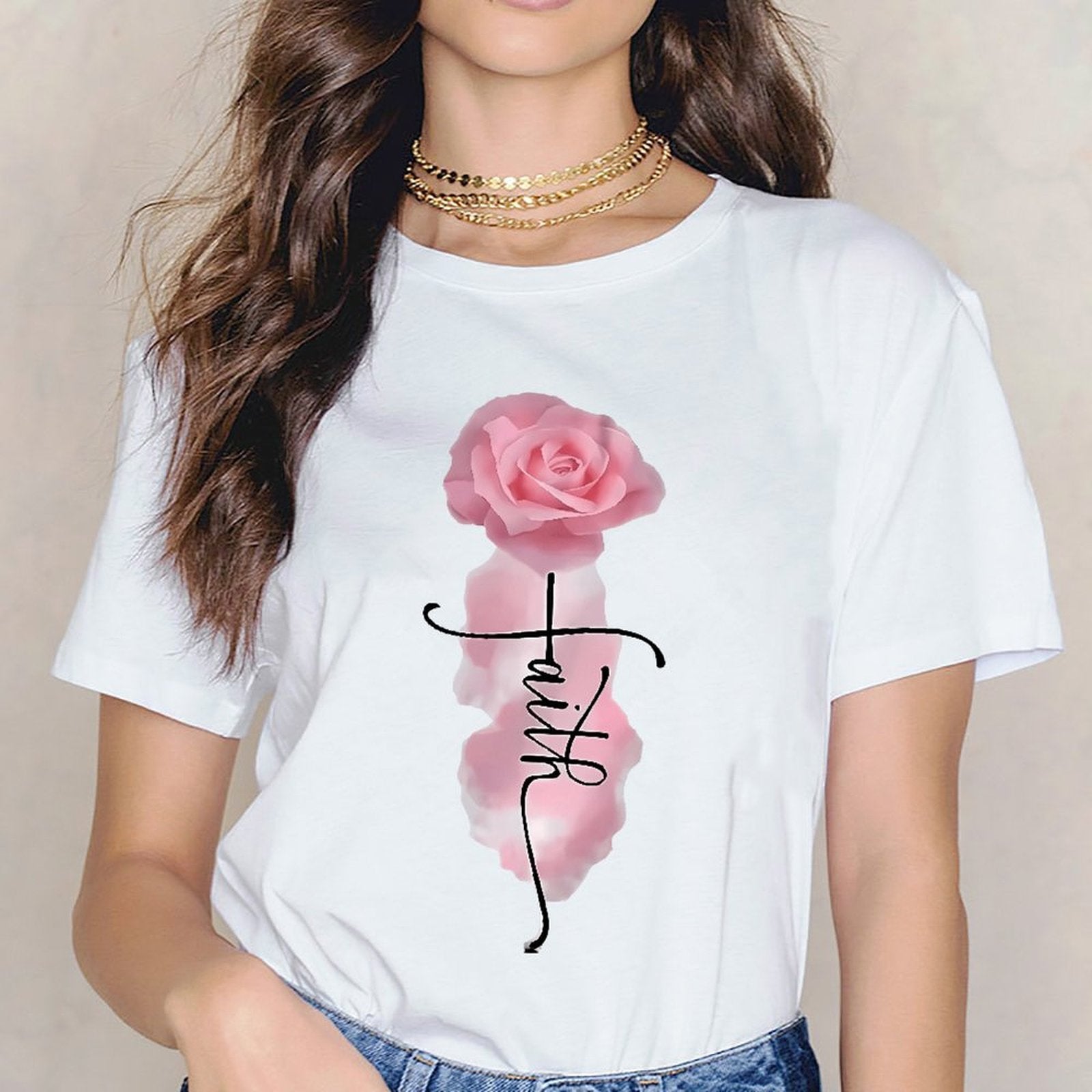 Inkmay Casual Cotton T-shirt Faith Rose Pattern Print Art Design Unisex T-shirtBasic Neat T-Shirt