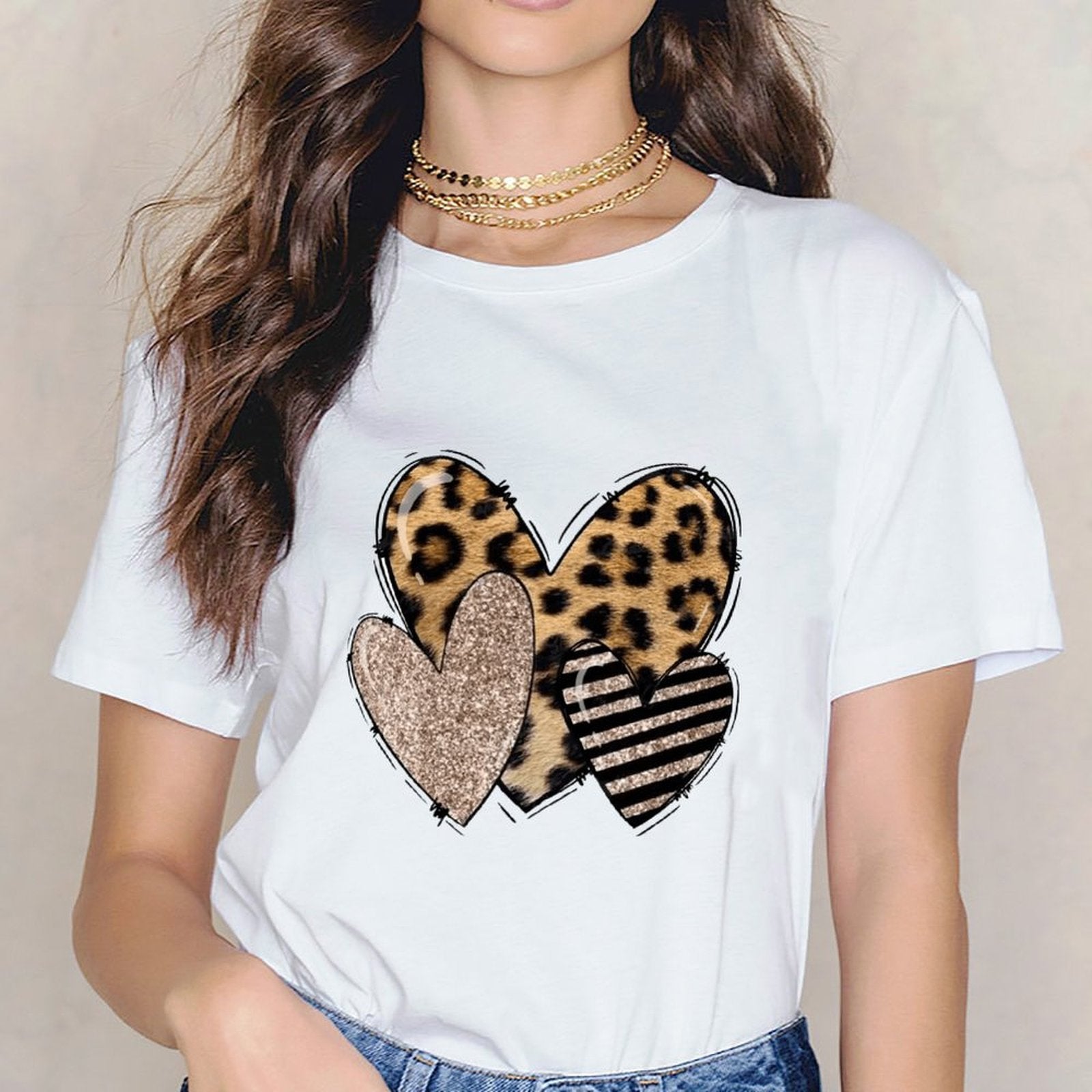 Inkmay Casual Cotton T-shirt Heart Shapes With Leopard And Glitter Unisex T-shirtSmooth Feel SimpleFit T-Shirt