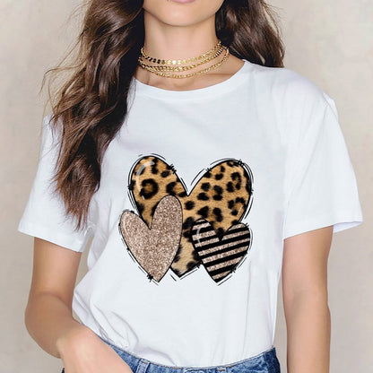 Inkmay Casual Cotton T-shirt Heart Shapes With Leopard And Glitter Unisex T-shirtSmooth Feel SimpleFit T-Shirt