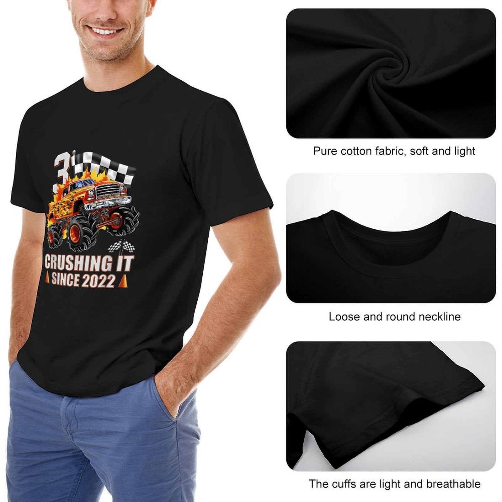Inkmay Casual  Cotton T-shirt Monster Truck With Fire Flames Unisex T-shirtNeutral SoftLine T-Shirt