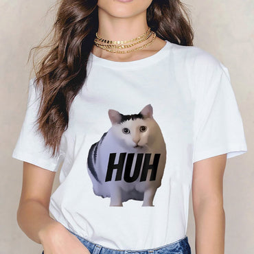Inkmay Casual Cotton T-shirt Cat With Text Huh Overlaid Unisex T-shirtClassic Fit Original T-Shirt