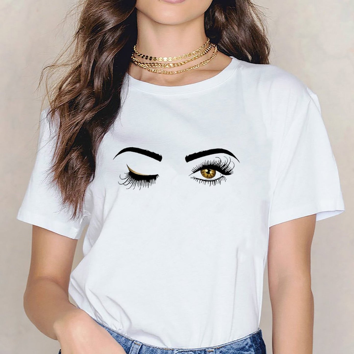 Inkmay Casual Cotton T-shirt Stylized Eyes With Long Eyelashes Unisex T-shirtEverydayWear Long Lasting T-Shirt