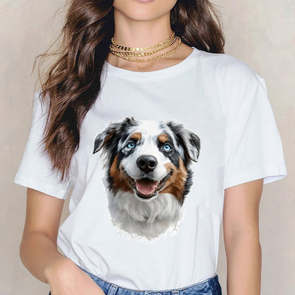 Inkmay Casual  Cotton T-shirt Colorful Dog Portrait With Blue Eyes Unisex T-shirtClassic Fit 100% Cotton T-Shirt