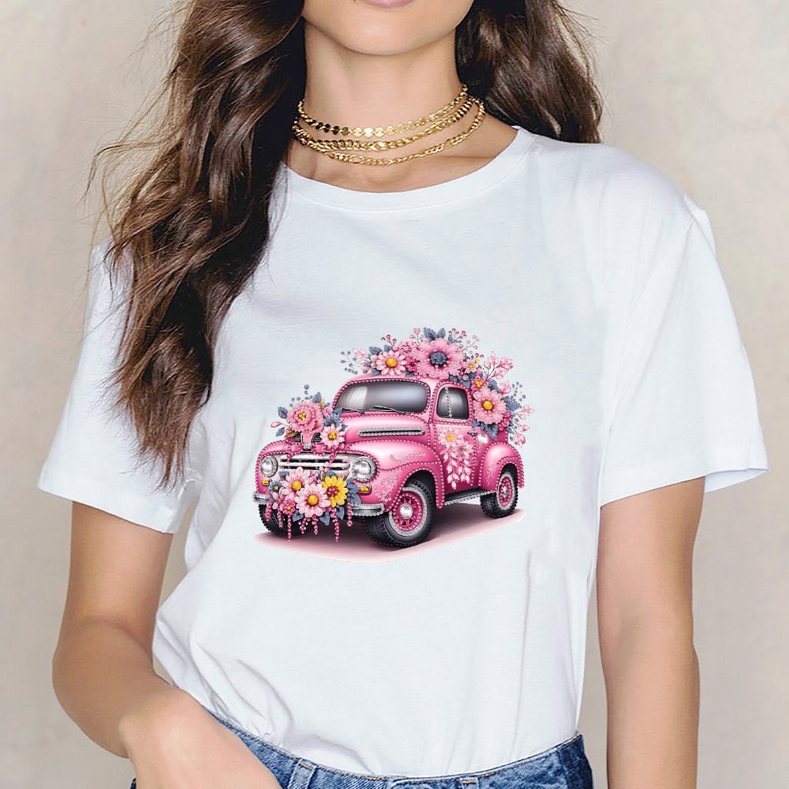 Inkmay Casual Cotton T-shirt Floral Decorated Pink Car Artwork Unisex T-shirtComfort Crisp Print T-Shirt