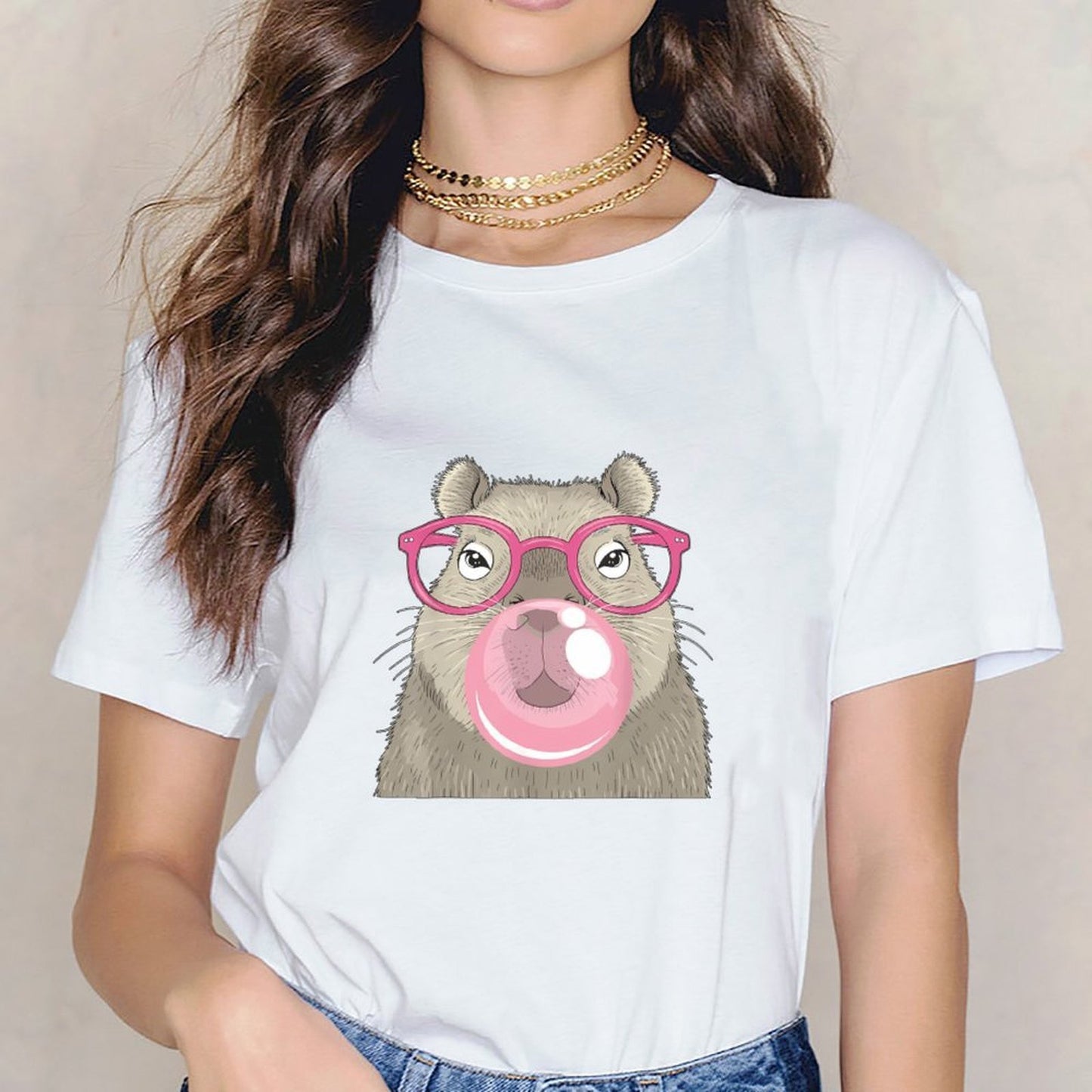 Inkmay Casual Cotton T-shirt Cartoon Bear With Pink Glasses Bubble Unisex T-shirt