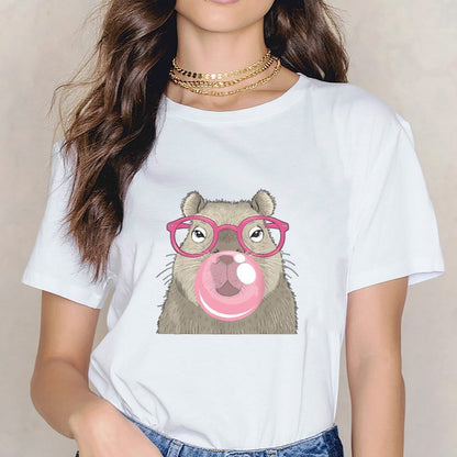 Inkmay Casual Cotton T-shirt Cartoon Bear With Pink Glasses Bubble Unisex T-shirt
