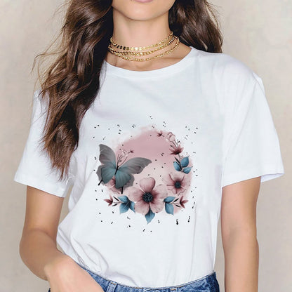 Inkmay Casual Cotton T-shirt Floral Butterfly Design With Soft Colors Unisex T-shirtCotton Printing T-Shirt