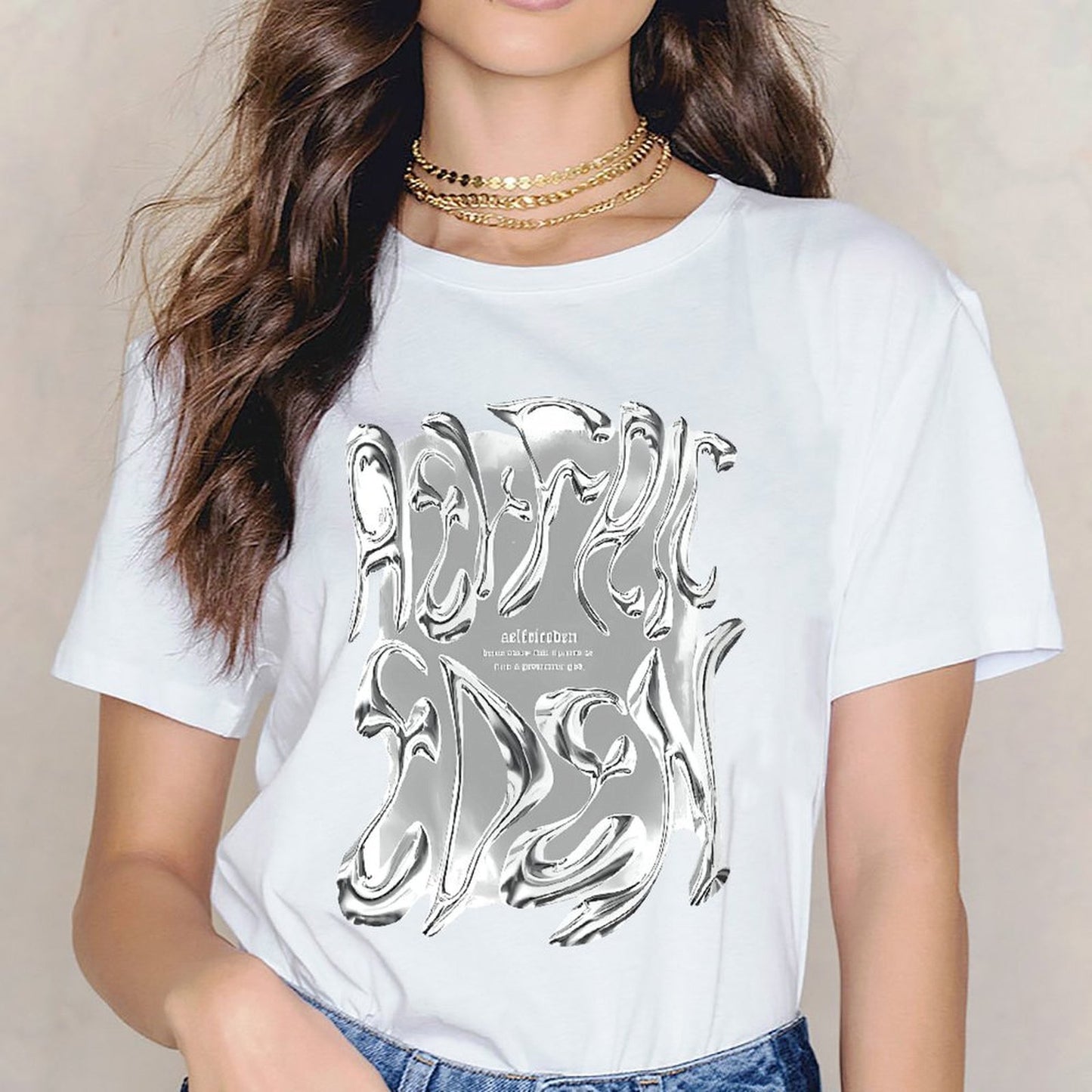 Inkmay Casual Cotton T-shirt Abstract Silver Flame Design Artwork Print Unisex T-shirtStreetStyle Batch-Printed T-Shirt