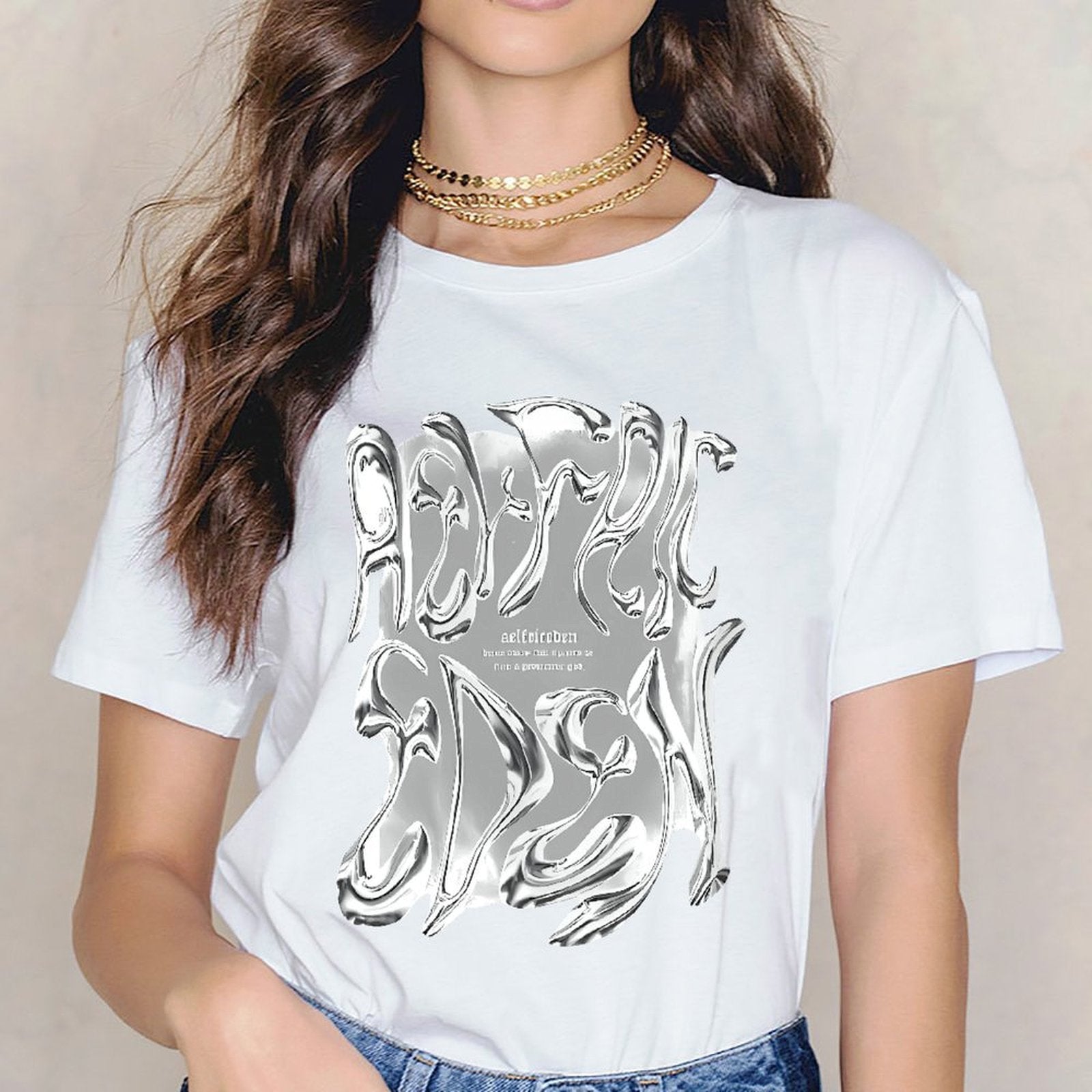 Inkmay Casual Cotton T-shirt Abstract Silver Flame Design Artwork Print Unisex T-shirtStreetStyle Batch-Printed T-Shirt