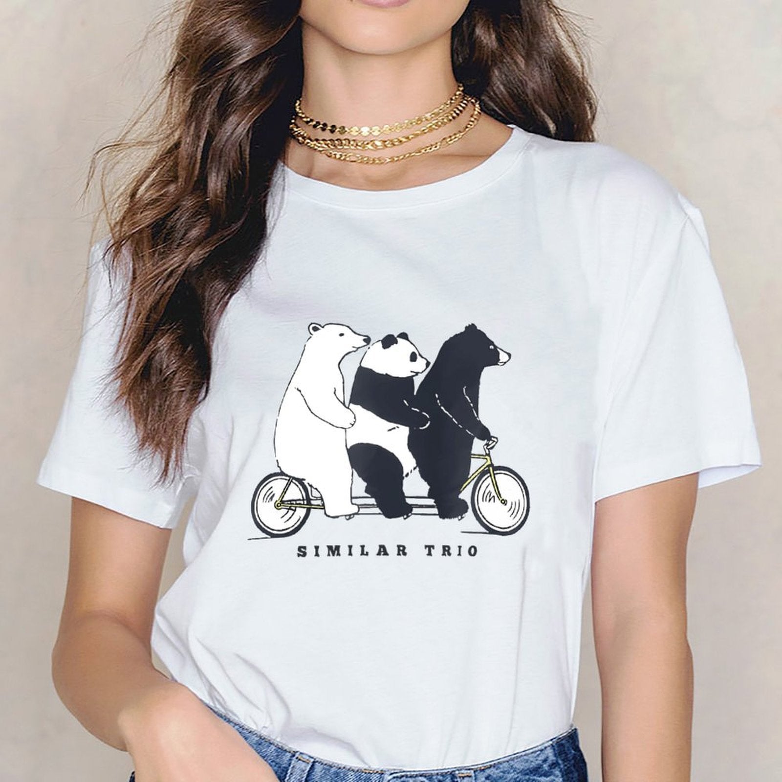 Inkmay Casual Cotton T-shirt Three Bears Riding A Bicycle Together Unisex T-shirtRecycled Midweight T-Shirt