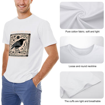 Inkmay Casual  Cotton T-shirt Bird Floral Design On Beige Background Unisex T-shirtTrueFit Midweight T-Shirt