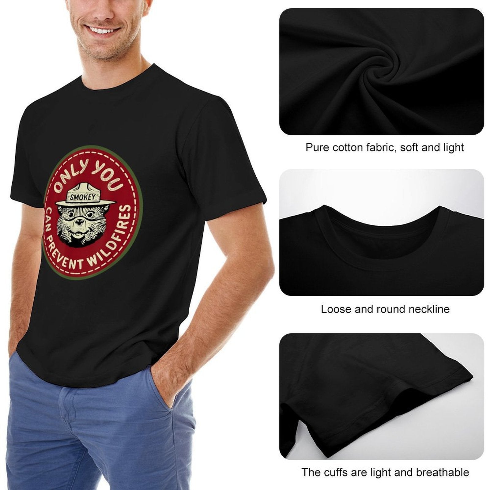 Inkmay Casual  Cotton T-shirt Only You Can Prevent Wildfires Smokey Unisex T-shirtMidweight SoftTouch T-Shirt
