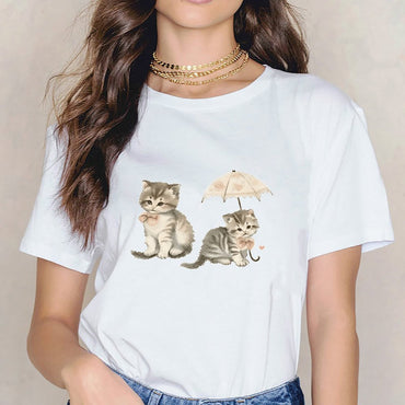 Inkmay Casual  Cotton T-shirt Cute Kittens With Umbrella And Bow Unisex T-shirtSoftstyle Clean Edges T-Shirt