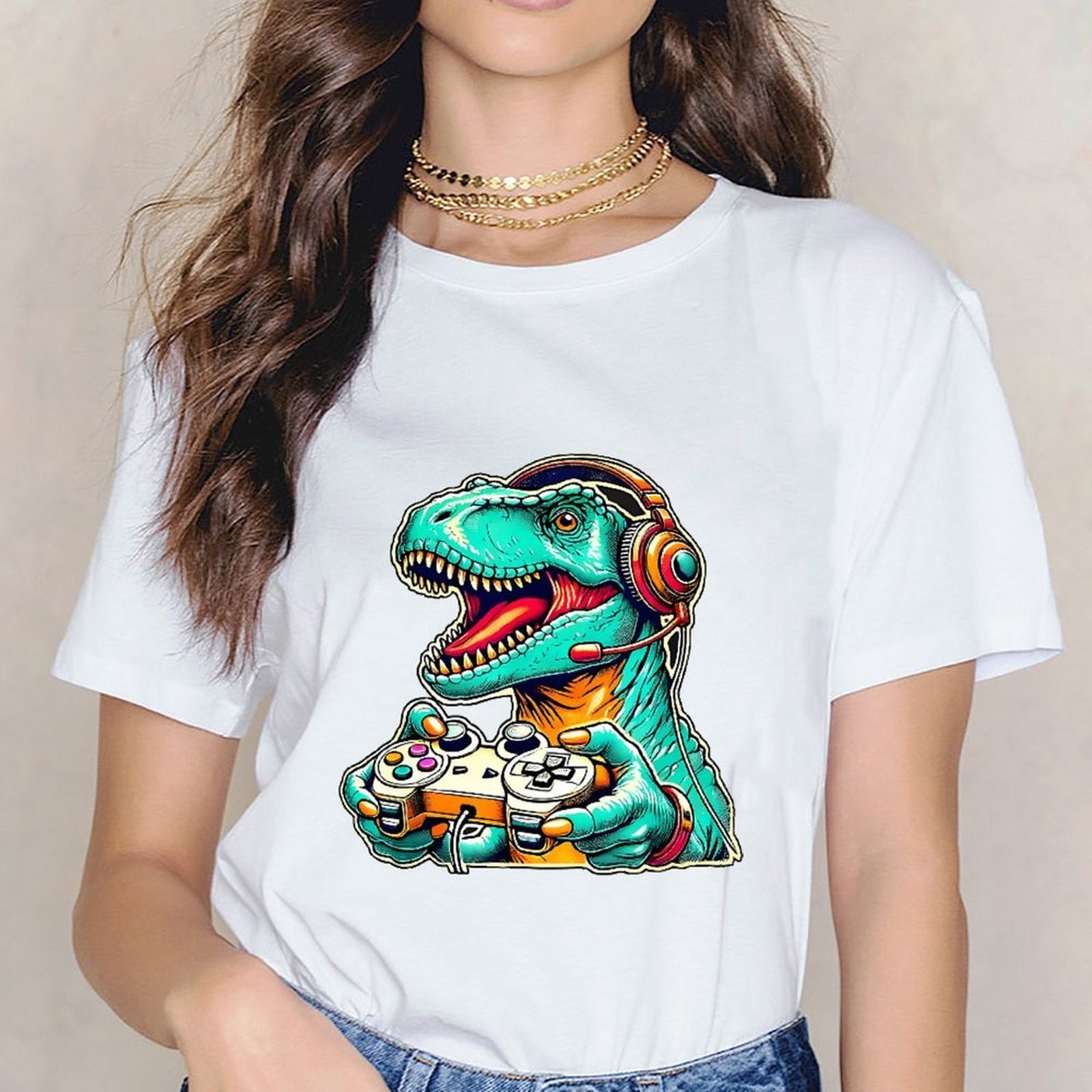 Inkmay Casual Cotton T-shirt Gaming Dinosaur With Headphones And Unisex T-shirtClassic Easy-Care T-Shirt