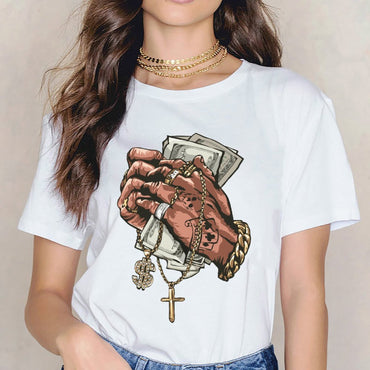 Inkmay Casual Cotton T-shirt Luxury Hands Holding Money And Jewelry Unisex T-shirtPremium Bold T-Shirt