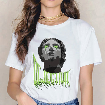 Inkmay Casual Cotton T-shirt Dark Art Statue With Green Eyes Unisex T-shirtPure SoftTouch T-Shirt