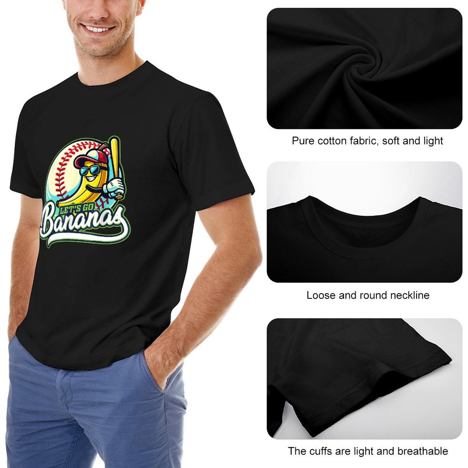 Inkmay Casual  Cotton T-shirt Baseball Banana Holding Bat Let S Unisex T-shirtFresh ComfortLine T-Shirt