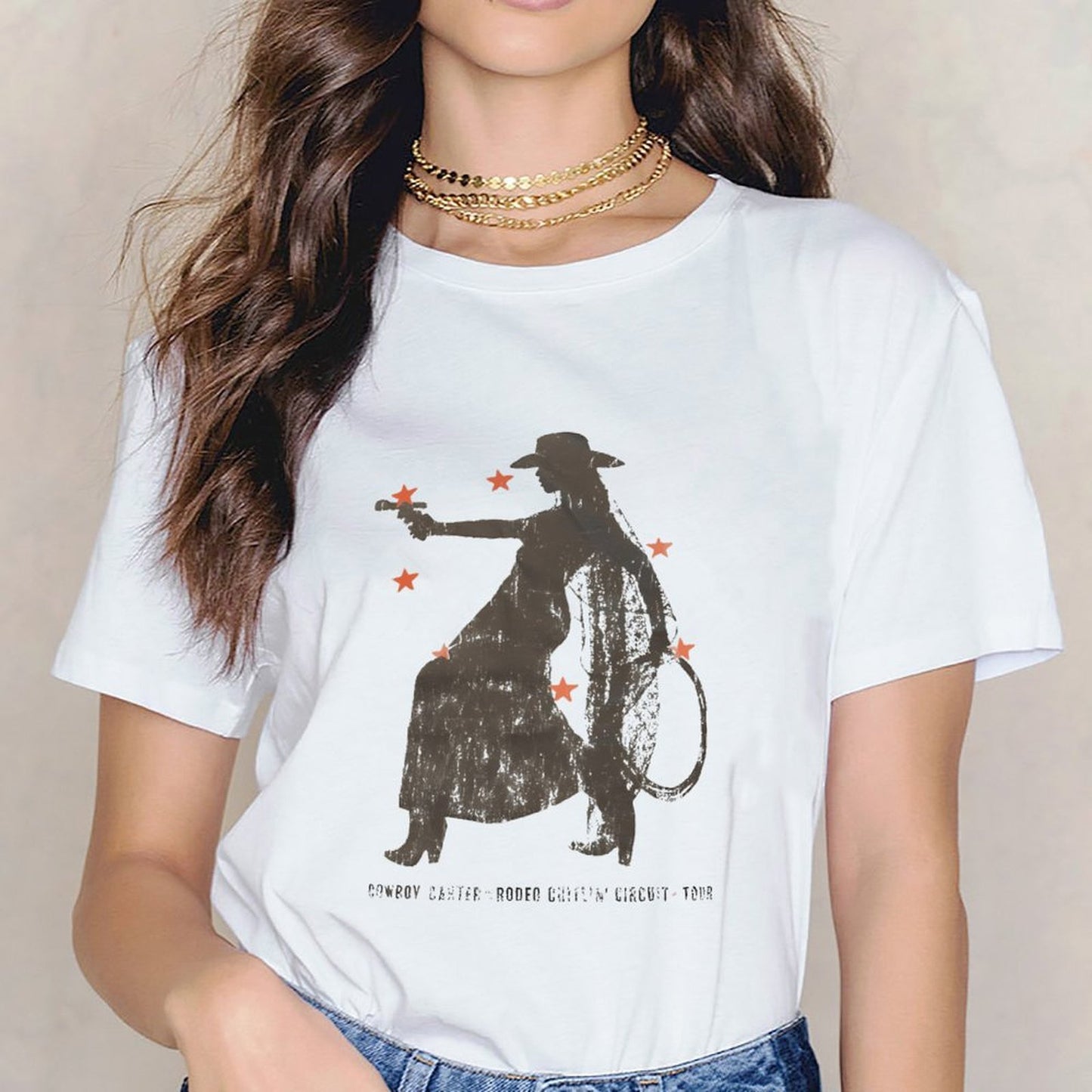 Inkmay Casual Cotton T-shirt Cowboy Silhouette With Orange Floral Accents Unisex T-shirtHeavyweight Fitted T-Shirt