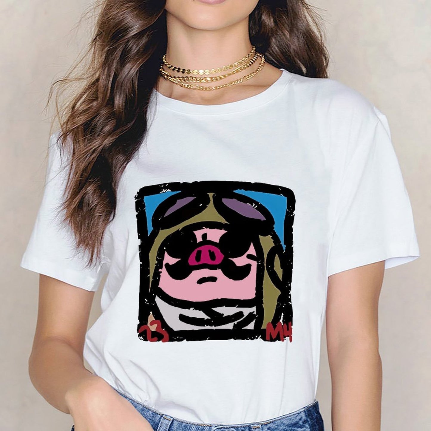 Inkmay Casual Cotton T-shirt Cartoon Pig Wearing Sunglasses And Hat Unisex T-shirt